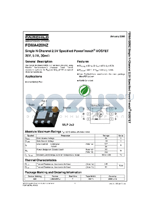 FDMA420NZ datasheet - Single N-Channel 2.5V Specified PowerTrench  MOSFET 20V, 5.7A, 30m Ohm