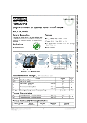 FDMA430NZ datasheet - Single N-Channel 2.5V Specified PowerTrench^ MOSFET 30V, 5.0A, 40m