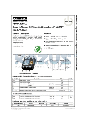 FDMA420NZ datasheet - Single N-Channel 2.5V Specified PowerTrench^ MOSFET 20V, 5.7A, 30mY
