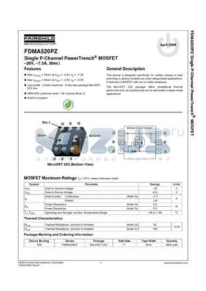 FDMA520PZ_08 datasheet - Single P-Channel PowerTrench^ MOSFET -20V, -7.3A, 30mY
