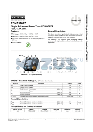 FDMA520PZ datasheet - Single P-Channel PowerTrench MOSFET -20V, -7.3A, 30mohm