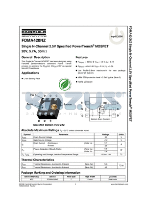 FDMA420NZ_08 datasheet - Single N-Channel 2.5V Specified PowerTrench^ MOSFET 20V, 5.7A, 30mY