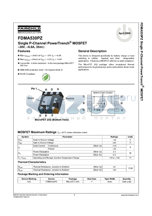 FDMA530PZ datasheet - Single P-Channel PowerTrench^ MOSFET