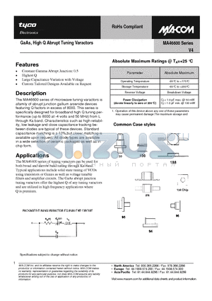 MA46604 datasheet - GaAs, High Q Abrupt Tuning Varactors
