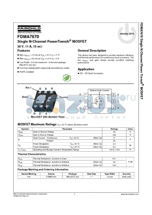 FDMA7670 datasheet - Single N-Channel PowerTrench^ MOSFET 30 V, 11 A, 15 mY