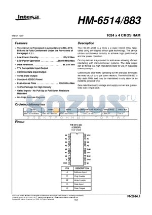 HM1-6514S/883 datasheet - 1024 x 4 CMOS RAM