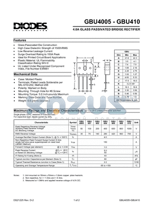 GBU4005 datasheet - 4.0A GLASS PASSIVATED BRIDGE RECTIFIER