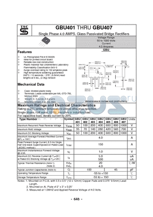 GBU401 datasheet - Single Phase 4.0 AMPS. Glass Passivated Bridge Rectifiers