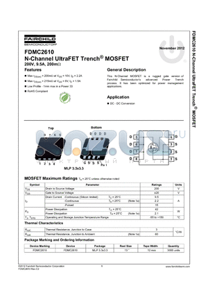 FDMC2610_12 datasheet - N-Channel UltraFET Trench^ MOSFET 200V, 9.5A, 200mY