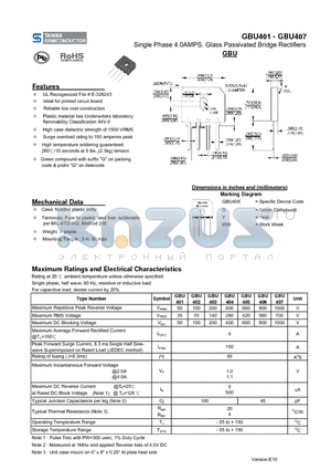 GBU401 datasheet - Single Phase 4.0AMPS. Glass Passivated Bridge Rectifiers