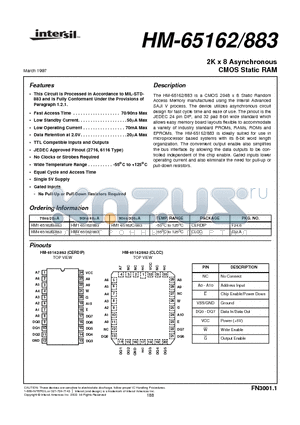 HM1-65162C/883 datasheet - 2K x 8 Asynchronous CMOS Static RAM