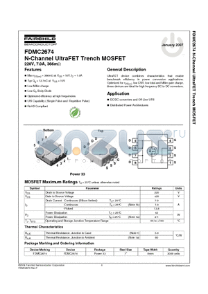 FDMC2674 datasheet - N-Channel UltraFET Trench MOSFET 220V, 7.0A, 366mY
