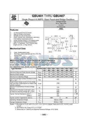 GBU402 datasheet - Single Phase 4.0 AMPS. Glass Passivated Bridge Rectifiers