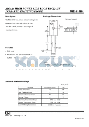 MIE-114H4 datasheet - AlGaAs HIGH POWER SIDE LOOK PACKAGE INFRARED EMITTING DIODE