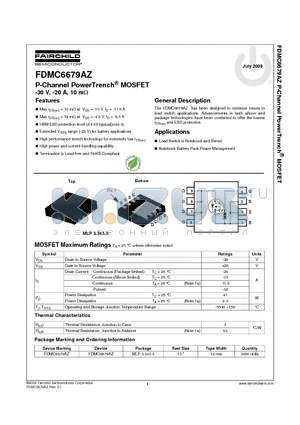 FDMC6679AZ datasheet - P-Channel PowerTrench^ MOSFET -30 V, -20 A, 10 mY
