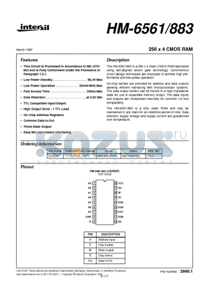 HM1-6561B/883 datasheet - 256 x 4 CMOS RAM