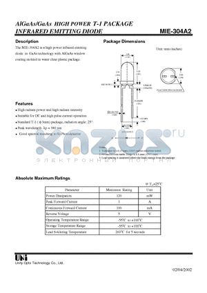 MIE-304A2 datasheet - AlGaAs/GaAs HIGH POWER T-1 PACKAGE INFRARED EMITTING DIODE