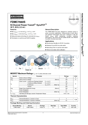 FDMC7660S datasheet - N-Channel Power Trench^ SyncFET 30 V, 20 A, 2.2 mY