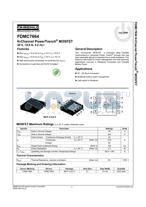FDMC7664 datasheet - N-Channel PowerTrench^ MOSFET 30 V, 18.8 A, 4.2 m