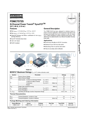 FDMC7572S datasheet - N-Channel Power Trench^ SyncFETTM 25 V, 40 A, 3.15 mY