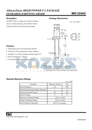 MIE-324A2 datasheet - AlGaAs/GaAs HIGH POWER T-1 PACKAGE INFRARED EMITTING DIODE