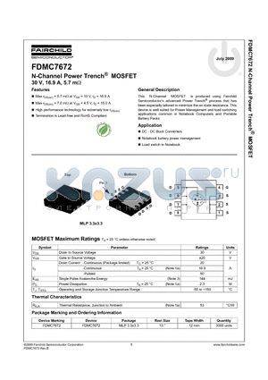 FDMC7672 datasheet - N-Channel Power Trench^ MOSFET 30 V, 16.9 A, 5.7 m