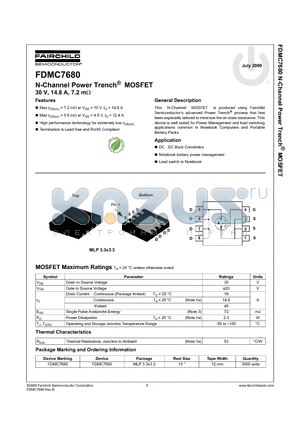 FDMC7680 datasheet - N-Channel Power Trench^ MOSFET 30 V, 14.8 A, 7.2 m