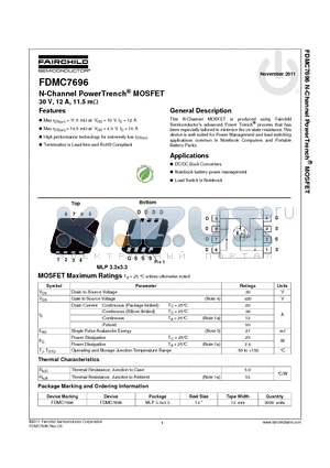 FDMC7696 datasheet - N-Channel PowerTrench^ MOSFET 30 V, 12 A, 11.5 mY