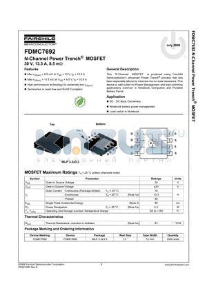 FDMC7692 datasheet - N-Channel Power Trench^ MOSFET 30 V, 13.3 A, 8.5 m