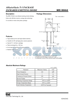 MIE-384A4 datasheet - AlGaAs/GaAs T-1 PACKAGE INFRARED EMITTING DIODE