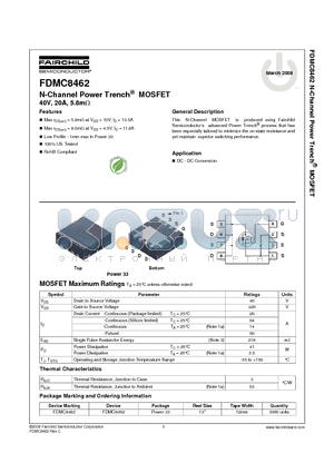 FDMC8462 datasheet - N-Channel Power Trench^ MOSFET  40V, 20A, 5.8mY