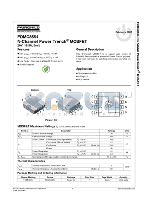 FDMC8554 datasheet - N-Channel Power Trench MOSFET 20V, 16.5A, 5mohm