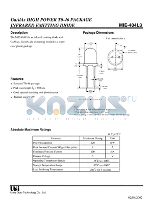 MIE-404L3 datasheet - GaAlAs HIGH POWER T0-46 PACKAGE INFRARED EMITTING DIODE