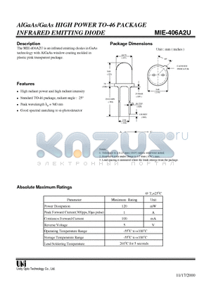 MIE-406A2U datasheet - AlGaAs/GaAs HIGH POWER TO-46 PACKAGE INFRARED EMITTING DIODE