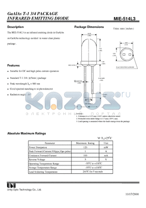 MIE-514L3 datasheet - GaAlAs T-1 3/4 PACKAGE INFRARED EMITTING DIODE