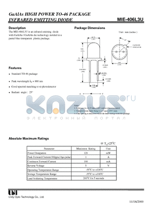 MIE-406L3U datasheet - GaAlAs HIGH POWER TO-46 PACKAGE INFRARED EMITTING DIODE