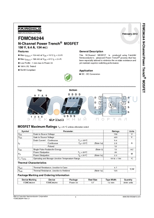 FDMC86244 datasheet - N-Channel Power Trench^ MOSFET 150 V, 9.4 A, 134 mY