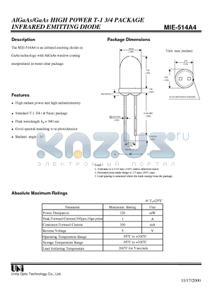 MIE-514A4 datasheet - AlGaAs/GaAs HIGH POWER T-1 3/4 PACKAGE INFRARED EMITTING DIODE