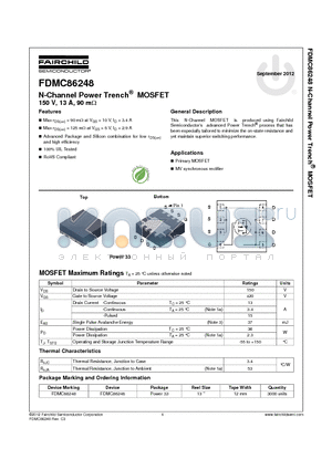 FDMC86248 datasheet - N-Channel Power Trench^ MOSFET 150 V, 13 A, 90 mY