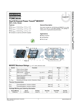 FDMC8030 datasheet - Dual N-Channel Power Trench^ MOSFET 40 V, 12 A, 10 mY