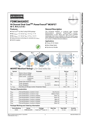 FDMC86520DC datasheet - N-Channel Dual CoolTM PowerTrench^ MOSFET 60 V, 40 A, 6.3 mY