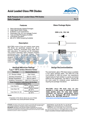 MA47110 datasheet - Multi Purpose Axial Leaded Glass PIN Diodes