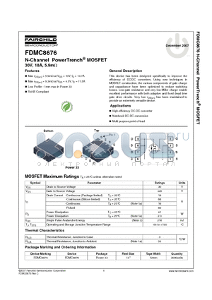 FDMC8676 datasheet - N-Channel PowerTrench MOSFET 30V, 18A, Low Profile - 1mm max in Power 33