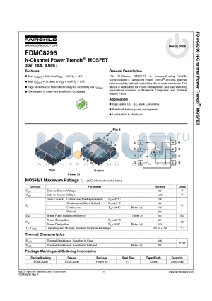 FDMC8296 datasheet - N-Channel Power Trench^ MOSFET 30V, 18A, 8.0mY