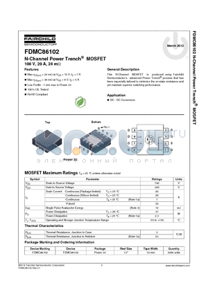 FDMC86102 datasheet - N-Channel Power Trench^ MOSFET 100 V, 20 A, 24 mY