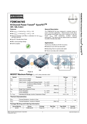 FDMC8678S datasheet - N-Channel Power Trench^ SyncFET TM 30V, 18A, 5.2mY