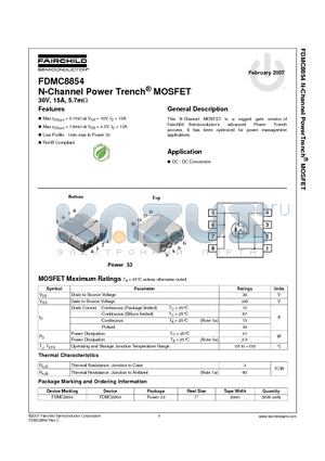 FDMC8854 datasheet - N-Channel Power Trench MOSFET 30V, 15A, 5.7mohm