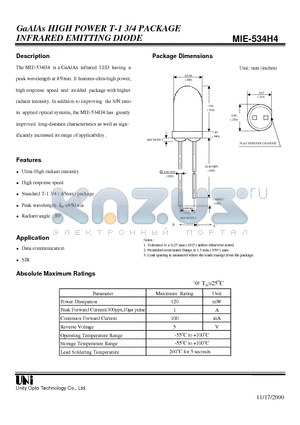 MIE-534H4 datasheet - GaAlAs HIGH POWER T-1 3/4 PACKAGE INFRARED EMITTING DIODE