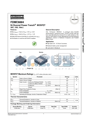 FDMC8884 datasheet - N-Channel Power Trench^ MOSFET 30V, 15A, 19mY