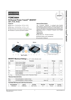 FDMC8884_12 datasheet - N-Channel Power Trench^ MOSFET 30 V, 15 A, 19 mY